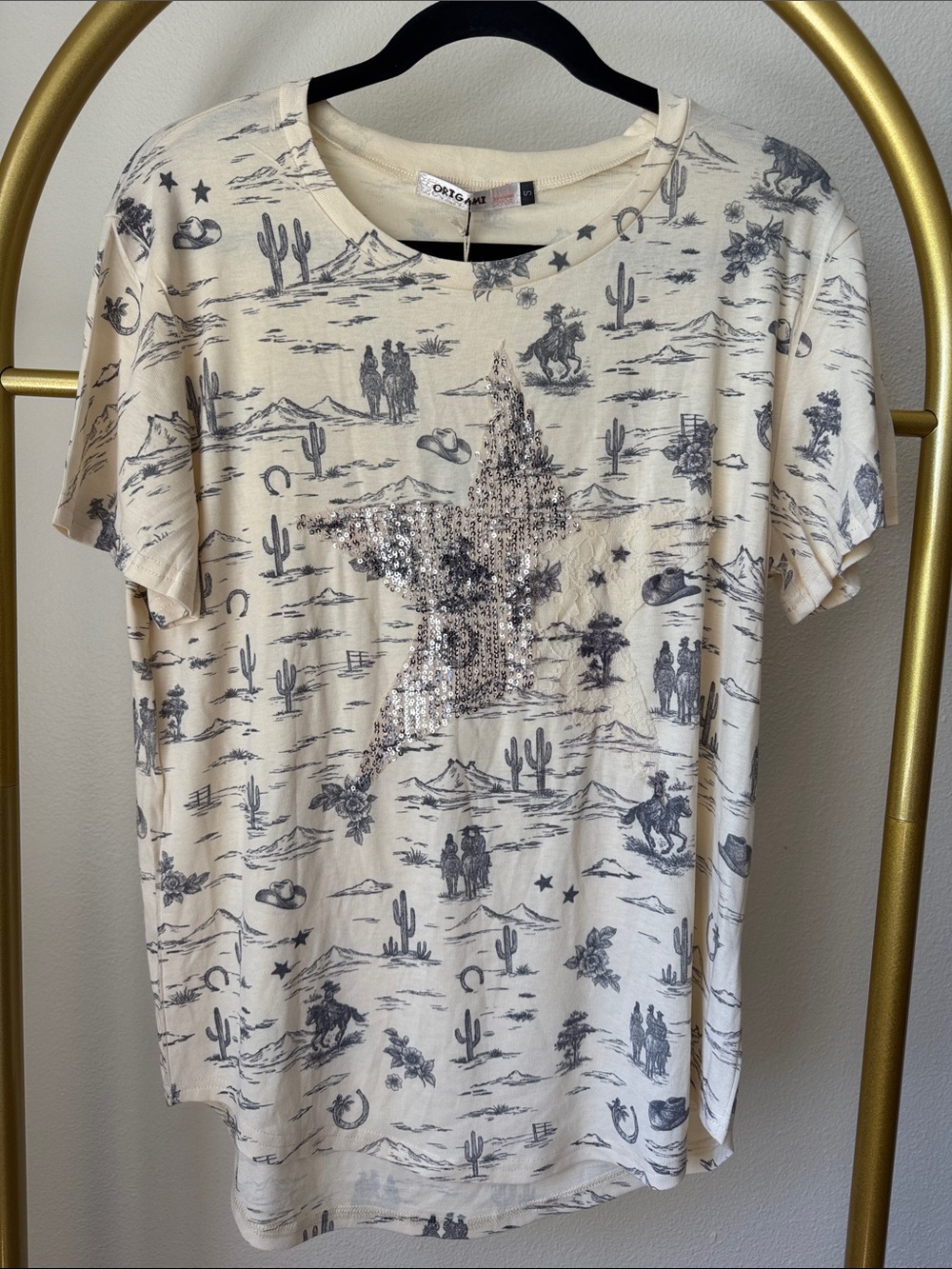Origami Owl Cream Western Print Tee with Silver Sequin Star